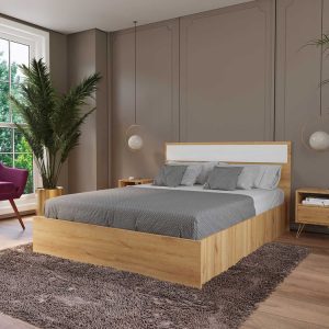 Vista completa de la Cama Enkubo mostrando su diseño moderno y cajones de almacenamiento integrados.