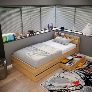 Vista completa de la Cama Kuill mostrando su diseño moderno y cajones de almacenamiento integrados.